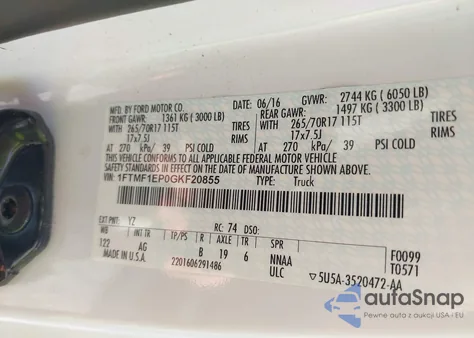 2016 Ford F-150 Xl из США, поврежденный, VIN 1FTMF1EP0GKF20855